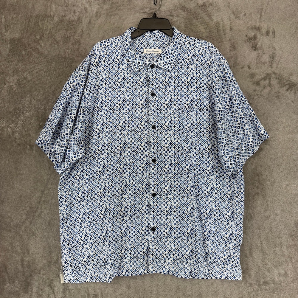 Tommy Bahama Mens XXL Tall Blue White Geometric Tile Print Viscose Button Shirt